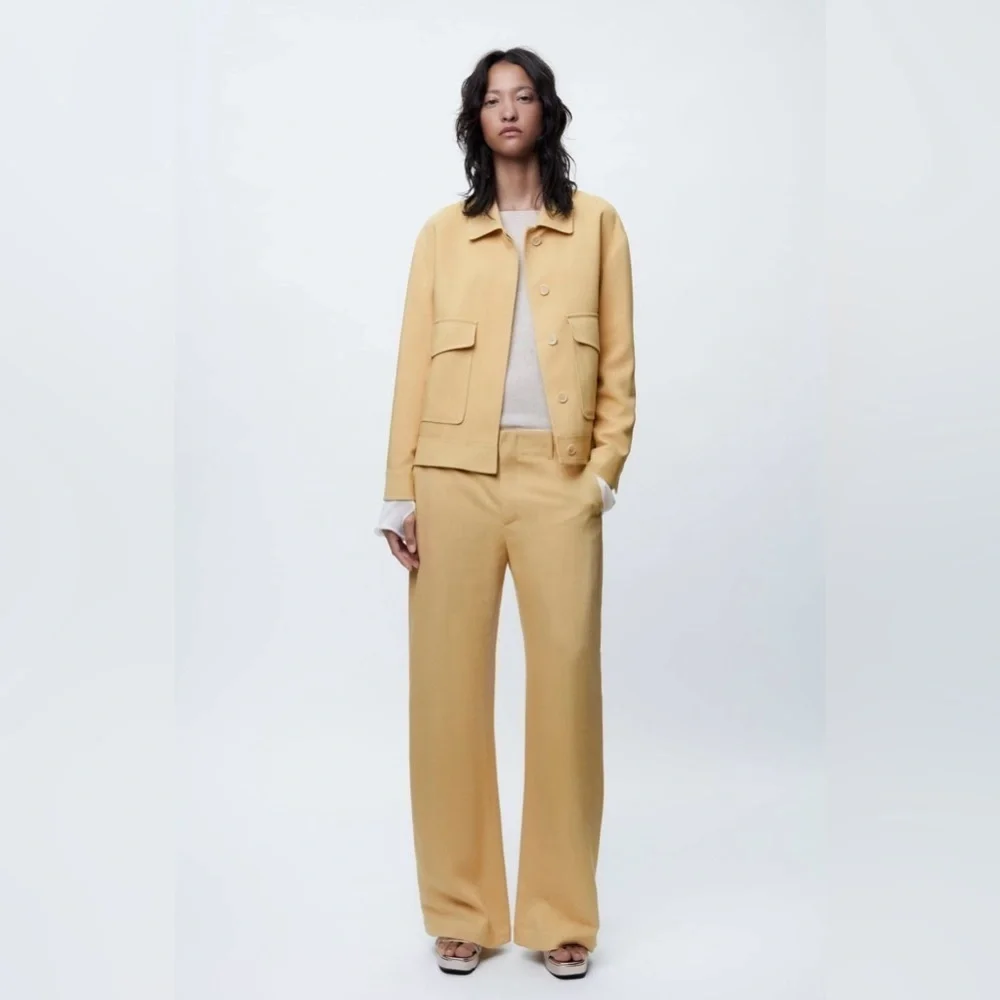 Zara Women Yellow Mid Rise Wide Leg‎ Blend Limited Edition Formal Pants Sz M